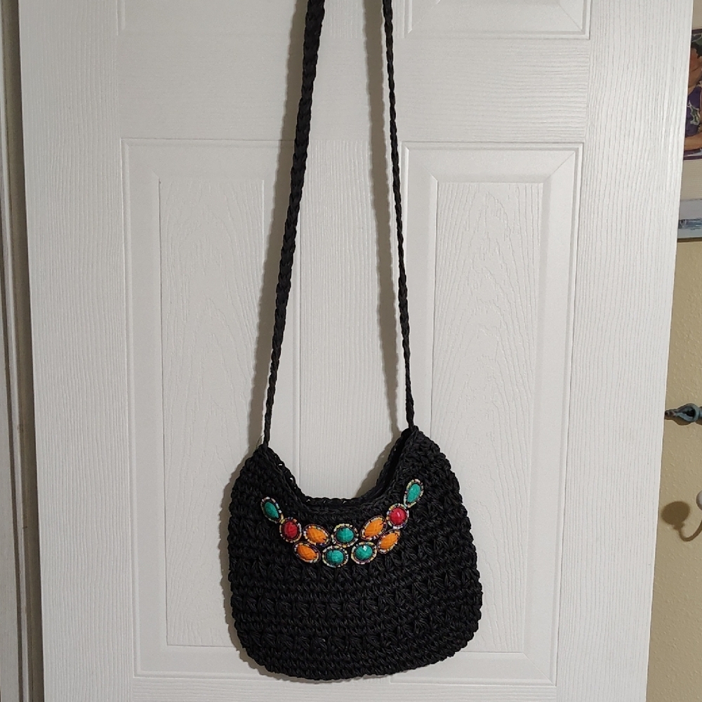 Sun And Sand Black and Multi-Colored Stones Crossbody Bag.